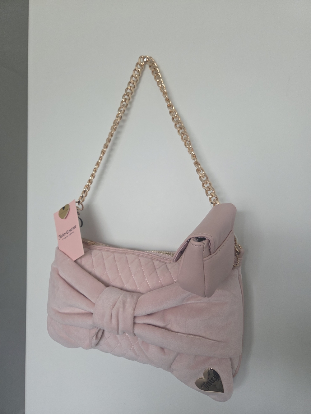 Juicy Couture Light Pink Quilted Bow Shoulder Bag with Gold Chain